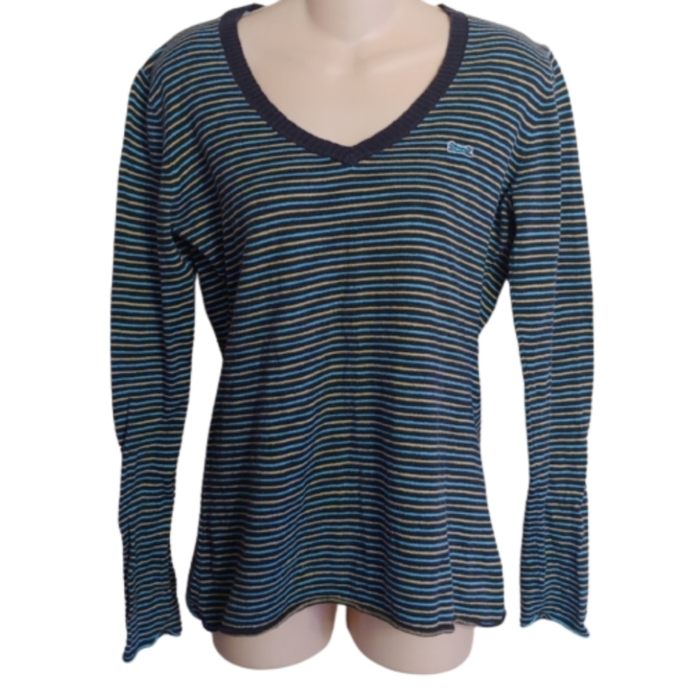 Le Tigre Blue Yellow Stripe V-Neck Sweater Size Women's Large